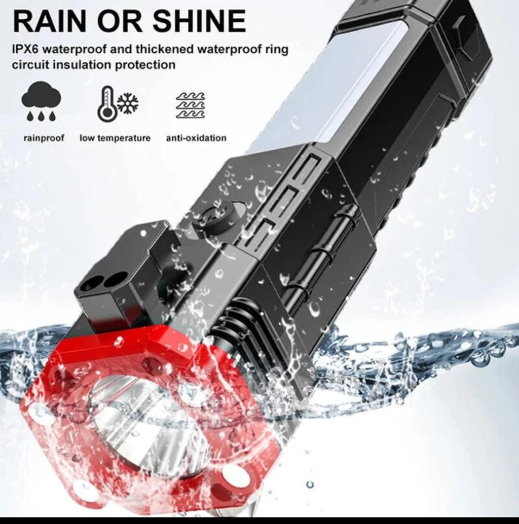 High Power LED Torch Light Rechargeable Flashlight With Tactical Hammer And Power Bank Providing Strong Brightness