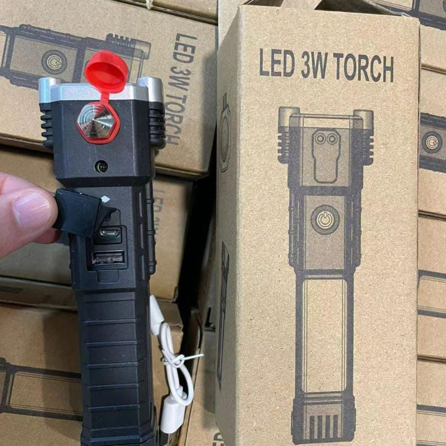 High Power LED Torch Light Rechargeable Flashlight With Tactical Hammer And Power Bank Providing Strong Brightness